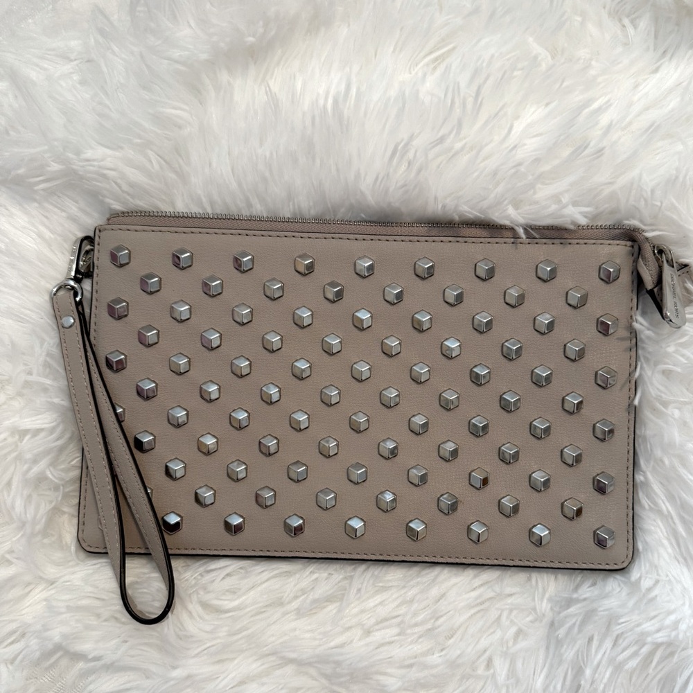 Michael Kors grey taupe and silver studded clutch bag